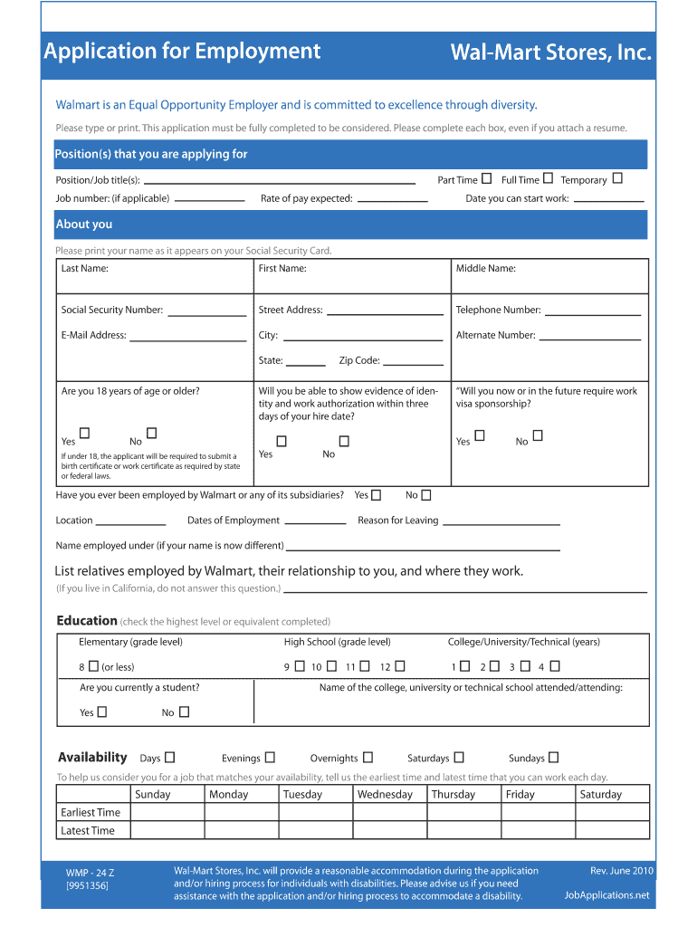 Wal Mart Application Employment  Form