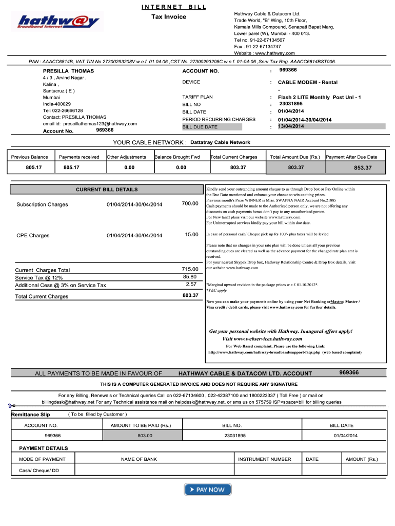 Internet Bill Format