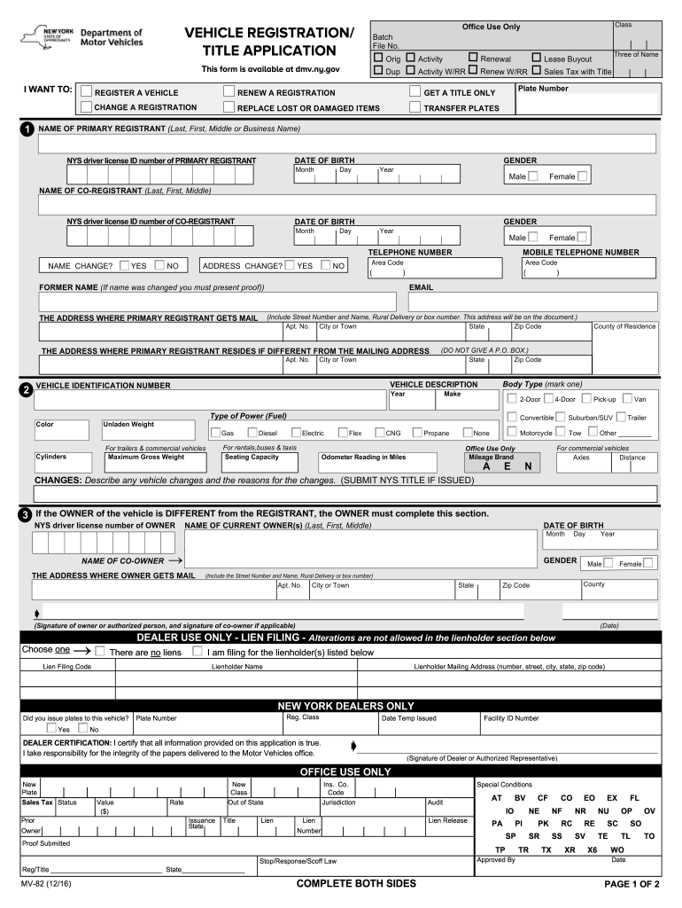 Mv82 Vehicle RegistrationTitle Application New York State DMV Dmv Ny  Form