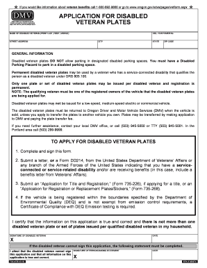 735 6736 Application for Disabled Veteran Plates Odot State or  Form