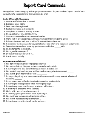 Lakeshore Report Card Comments  Form