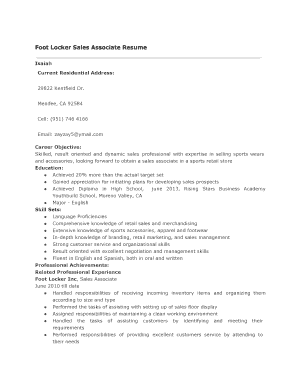 Foot Locker Sales Associate Resume  Form