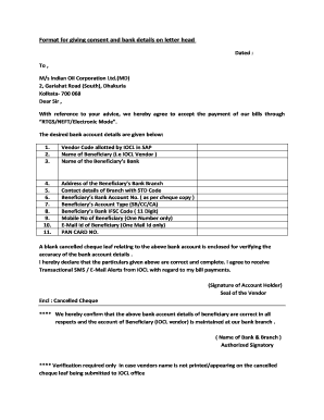 Bank Account Details on Company Letterhead Format