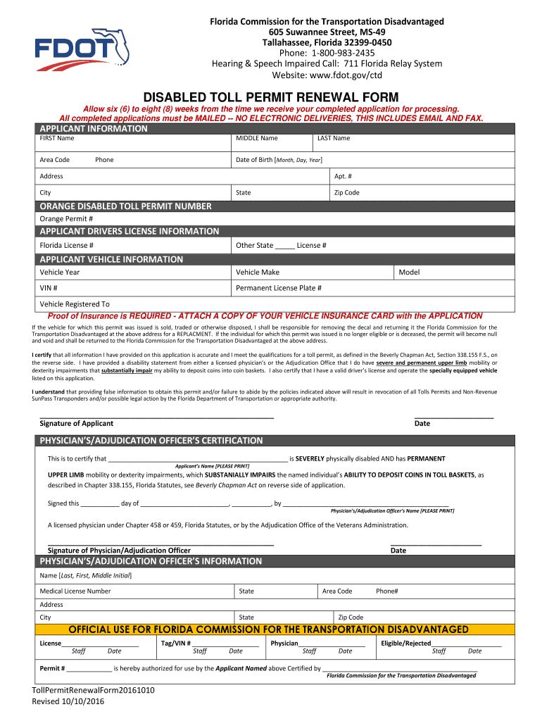  Florida Toll Exemption Permit 2016-2024