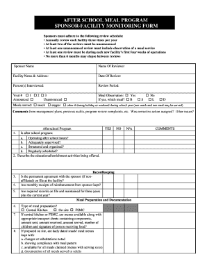 AFTER SCHOOL MEAL PROGRAM SPONSOR FACILITY MONITORING FORM Schools Utah