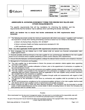 ANNEXURE B ACKNOWLEDGEMENT FORM for ESKOM SHE