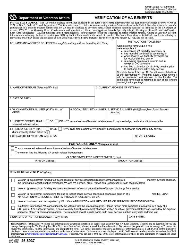  Va Form 26 8937 Fillable 2016