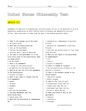 Citizenship Writing Test Sentences PDF  Form