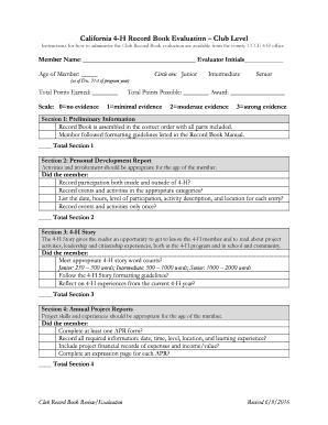 California 4 H Record Book Evaluation Club Level  Form
