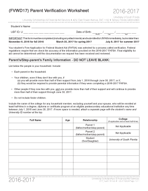 Get and Sign FVWD17 Parent Verification Worksheet 2016 Form