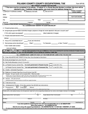 Pulaski County Occupational Tax Form Np 100
