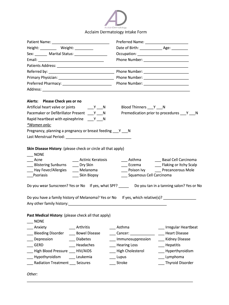  Acclaim Dermatology Intake Form 2016