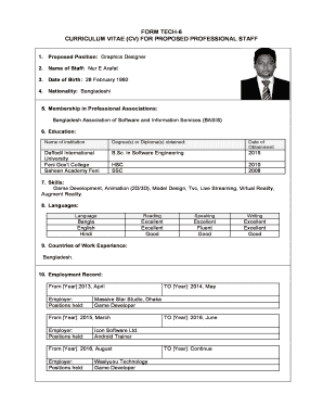 FORM TECH 6 CURRICULUM VITAE CV for PROPOSED