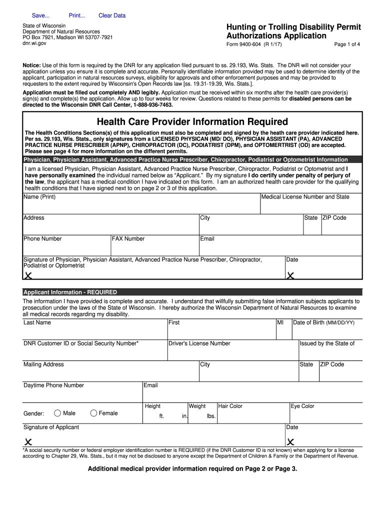 Form 9400 604 Hunting or Trolling Disability Permit Authorizations Application  Dnr Wi