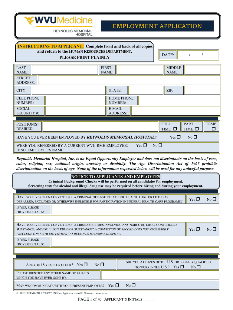 Employment Application  Reynolds Memorial Hospital  Form