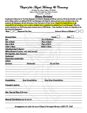 Obituary Worksheet  Form