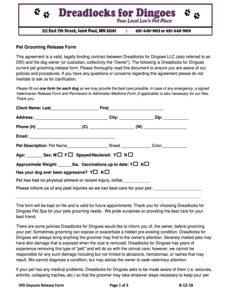  Grooming Release Form Templates 2016-2024
