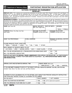  VA Form 0927b, NATIONAL VETERANS TEE TOURNAMENT, PARTICIPANT REGISTRATION APPLICATION 0927b, NATIONAL, VETERANS, TEE, TOURNAMENT 2013