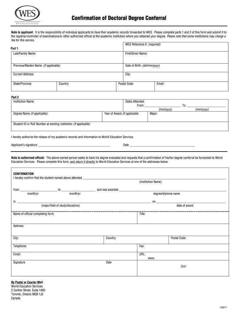  Wes Confirmation of Doctoral Degree Conferral Form 2017-2024