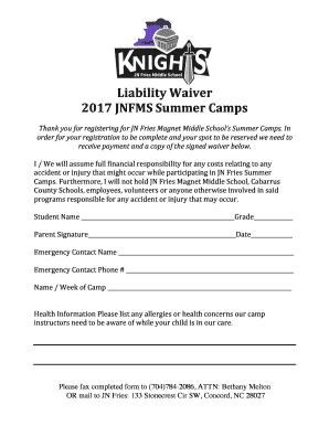 Summer Camp Liability Waiver Cabarrus County Schools  Form
