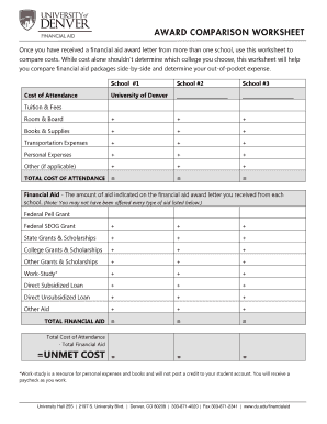 Award Comparison Worksheet University of Denver Du  Form