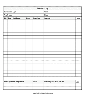 Diabetes Care Log School Printable Medical Forms