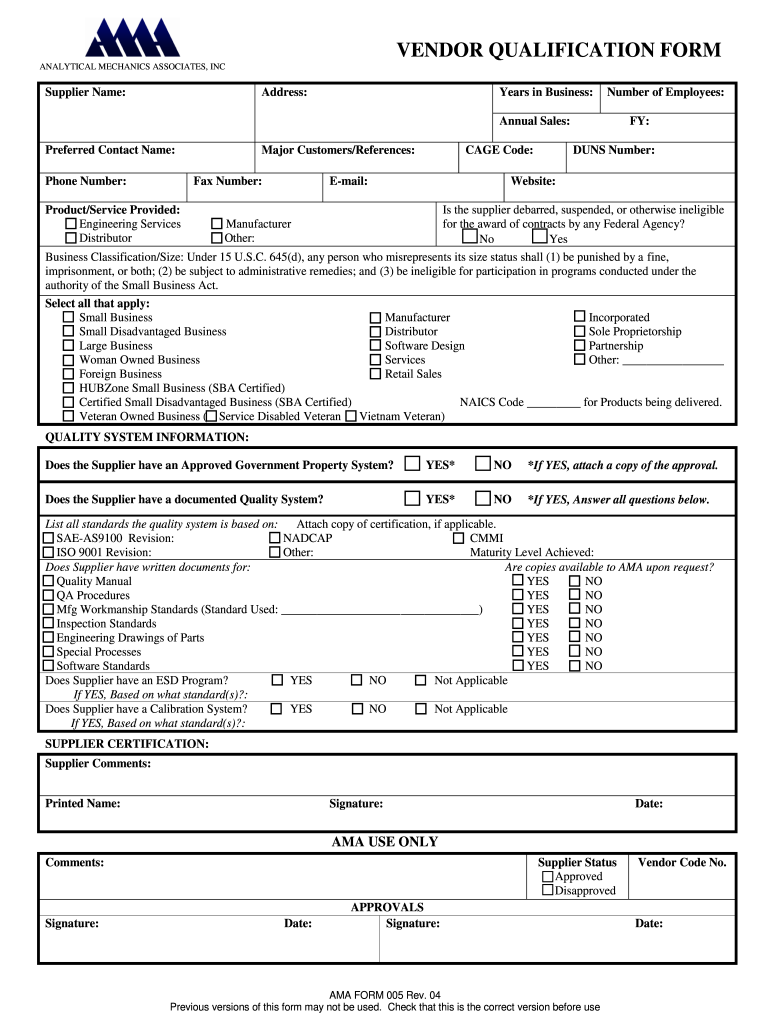  Vendor Qualification Form 2004-2024