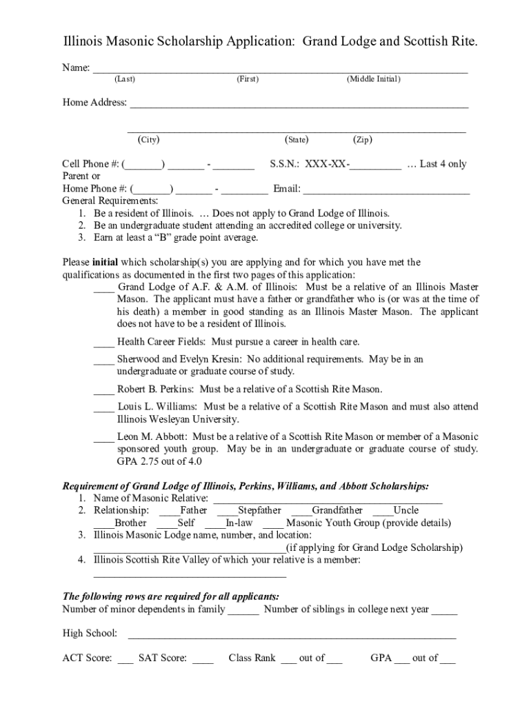 Masonic Lodge Scholarship Application  Form