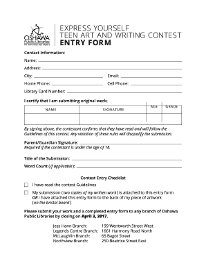 EXPRESS YOURSELF TEEN ART and WRITING CONTEST ENTRY FORM