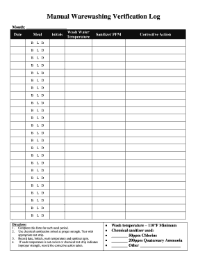 Manual Warewashing Verification Log  Form