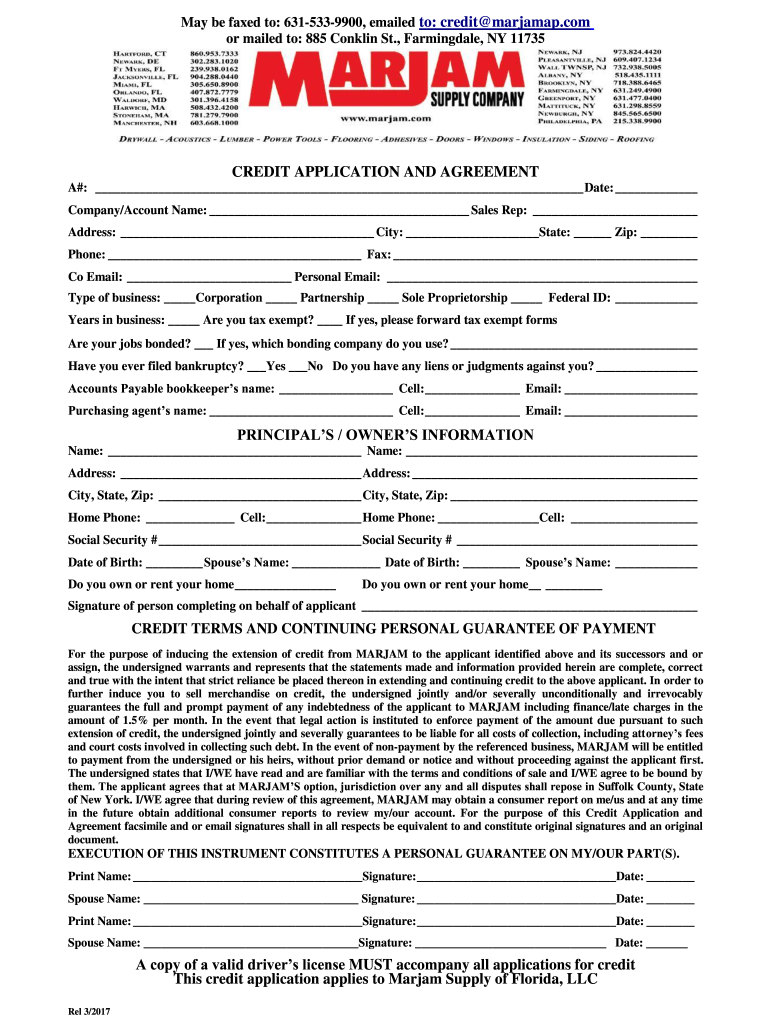 Florida Customer Credit Application Marjam 2017