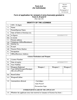 Form A3 for Renewal of Arms Licence