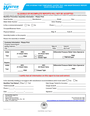 FIRE HYDRANT for TEMPORARY WATER TEST and MAINTENANCE REPORT Austintexas  Form