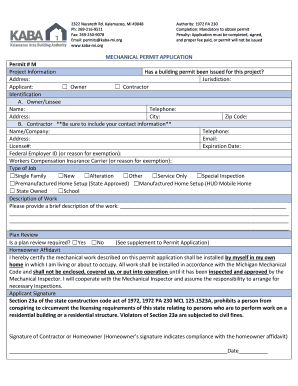 MECHANICAL PERMIT APPLICATION Kaba Mi Org  Form