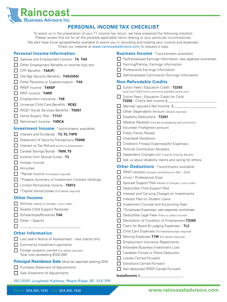 PERSONAL INCOME TAX CHECKLIST Raincoastadvisors Com  Form