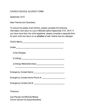 CHURCH SCHOOL ALLERGY FORM September Dear Fpcyorktown