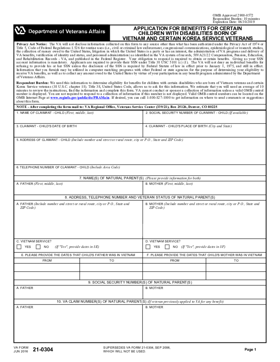 21 0304 Application for Benefits for Certain Children with Disabilities Born or Vietnam and Certain Korea Service Veterans Vba V  Form