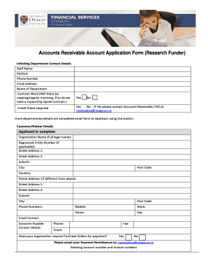 Accounts Receivable Account Application Form Research Funder Otago Ac