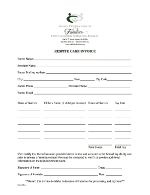 Respite Care Invoice Idaho Federation of Families Idahofederation  Form