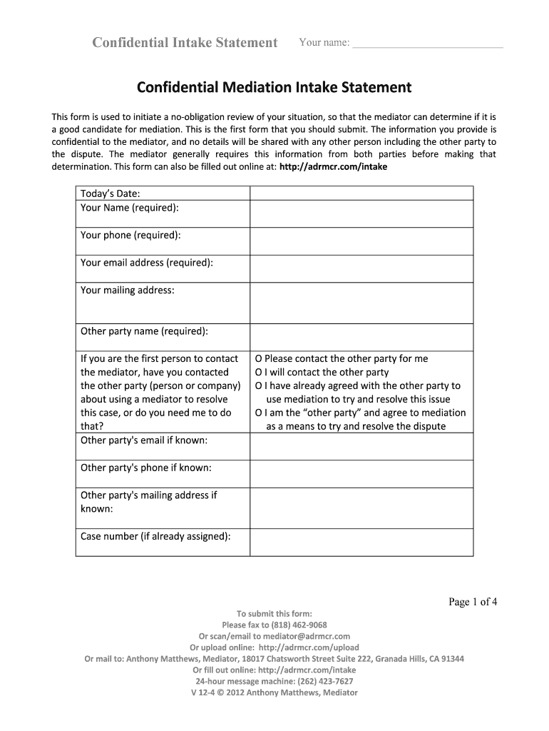 Confidential Mediation Intake Statement  Form