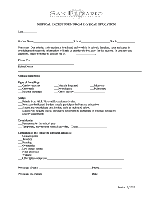 Physical Education Medical Excuse  Form