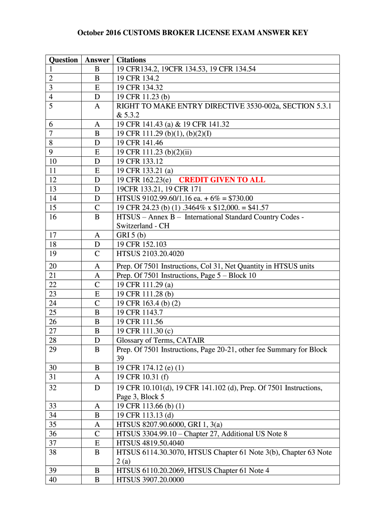 Customs Broker Exam October Answers  Form