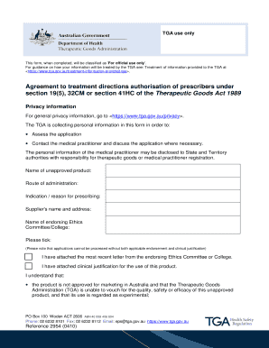 Agreement to Treatment Directions Authorisation of Prescribers under Section 195, 32cm or Section 41hc of the Therapeutic Goods   Form