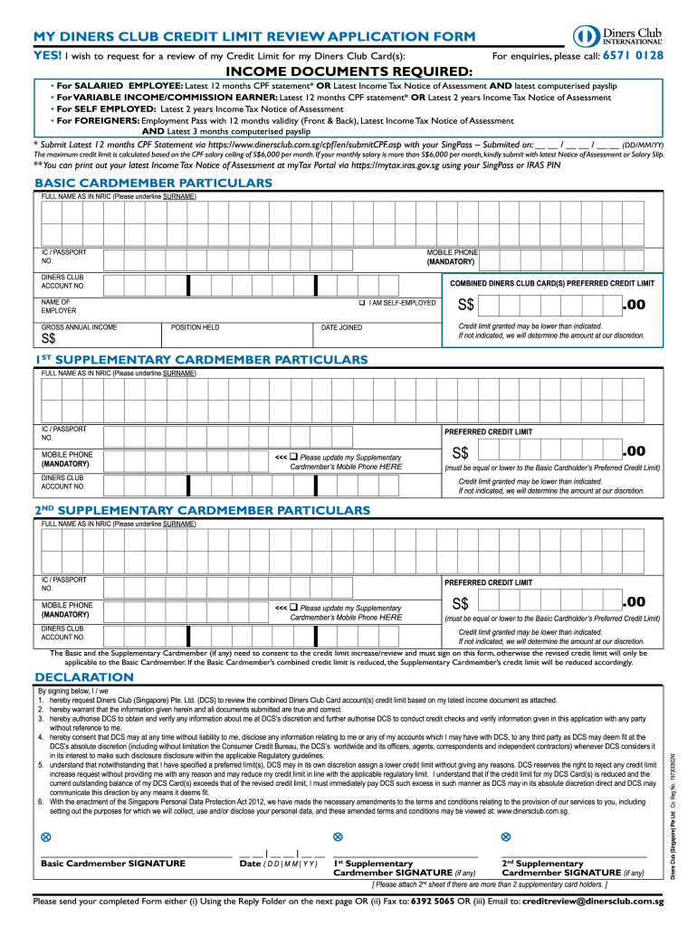 MY DINERS CLUB CREDIT LIMIT REVIEW APPLICATION FORM