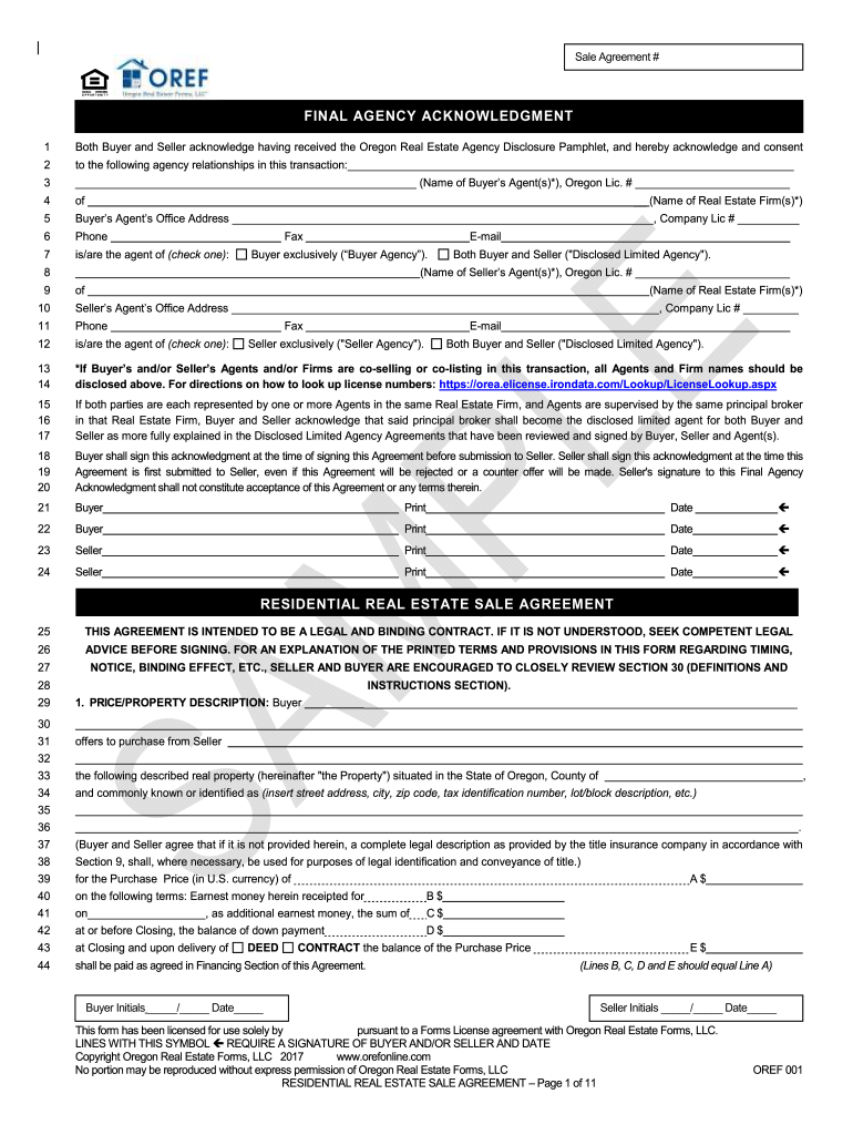 Oregon Residential Real Estate Sale Agreement  Form