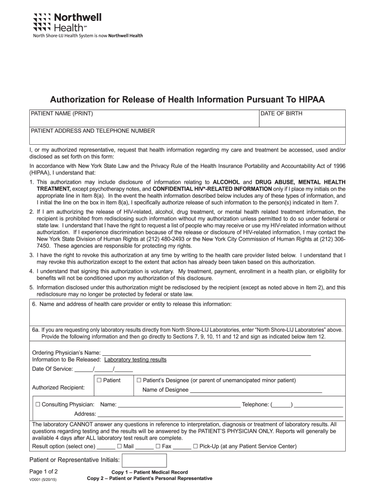  Northwell Health HIPAA Release Form 2019