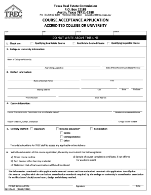 ED CAA 0, Course Acceptance Application, October Trec Texas  Form