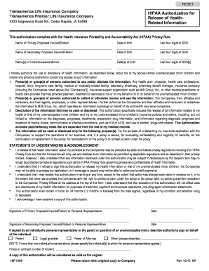 Transamerica Life Insurance Company HIPAA Authorization  Form