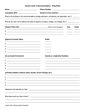 Teacher Letter of Recommendation Brag Sheet Waunakee K12 Wi  Form