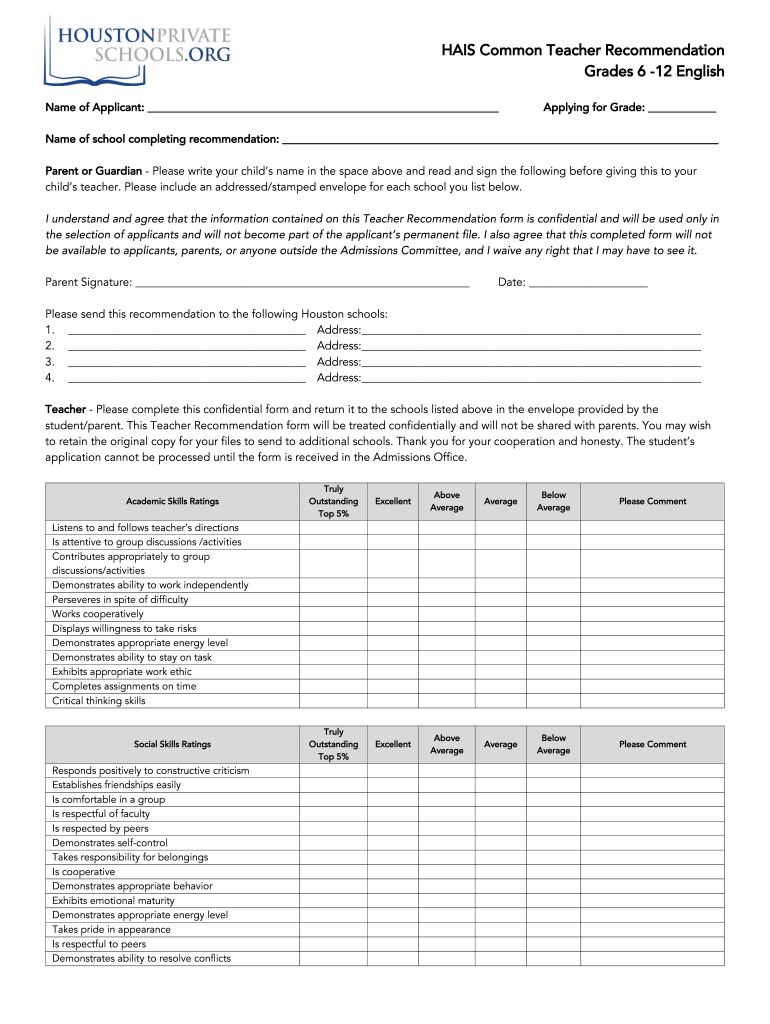 Hais Common Teacher Recommendation  Form